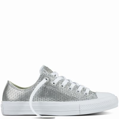 Converse Chuck Ii Perforated Metallic Low Tops Womens - Silver/White/White Shoes (558TKLGO)